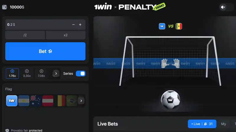 Screenshot of Penalty Shoot Out game interface on 1win showing team selection, betting panel and goal zones