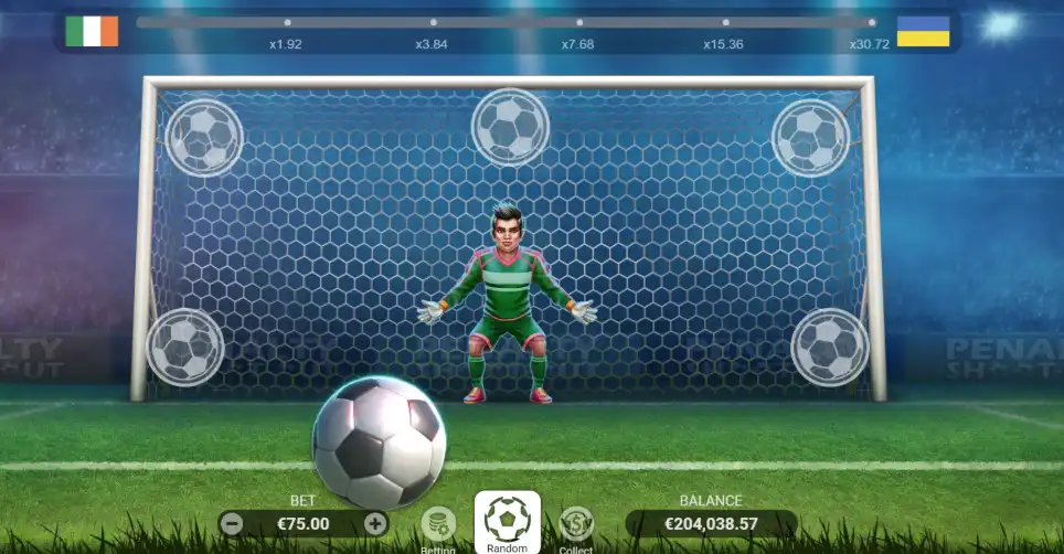 Virtual Penalty Shoot Out Demo Mode on 1win Kenya mobile screen showing virtual credits, 5 goal zones and goalkeeper ready