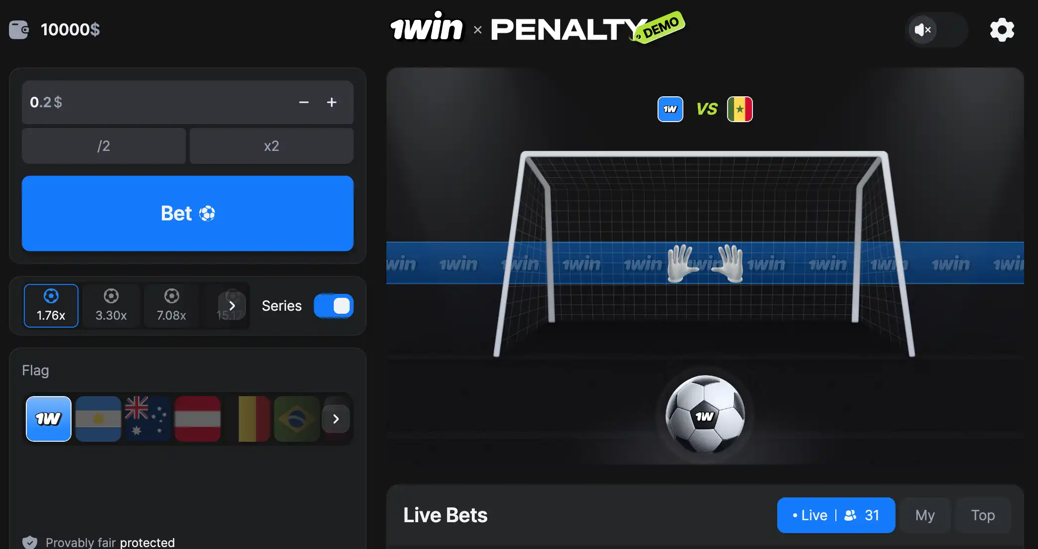 Screenshot of 1win Penalty Shoot Out interface on mobile with M-Pesa deposit panel visible
